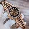 Đồng Hồ Nam Hanboro Máy Tự Động Mặt Nâu Viền Đá Kim Loại Vàng Hồng Size 42mm