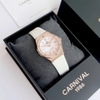 Đồng Hồ Nữ Carnival 8168L2 Dây Cao Su Trắng Mặt Xà Cừ Đính Đá Vỏ Vàng Hồng 34mm