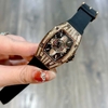 Đồng Hồ Nữ Hanboro Chính Hãng Dây Cao Su Đen Vỏ Rose Size 36mm Viền Đá Quartz