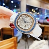 Đồng Hồ Nữ Hanboro Dây Da Trắng Chính Hãng Giả Cơ Lộ Máy Vỏ Rose Gold Size 34mm Viền Xanh Quartz Japan