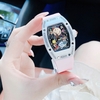 Set Đồng Hồ Nữ Hanboro Mặt Cười Dây Cao Su Hồng Chính Hãng Mặt Vỏ Đá Ceramic Size 36mm Quartz