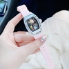 Đồng Hồ Nữ Hanboro Mặt Cười Vỏ Ovan Đá Ceramic Trắng Viền Đá Dây Cao Su Hồng Size 36mm