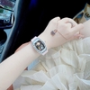 Đồng Hồ Nữ Hanboro Mặt Cười Vỏ Ovan Đá Ceramic Trắng Viền Đá Dây Cao Su Hồng Size 36mm
