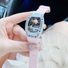 Đồng Hồ Nữ Hanboro Mặt Cười Vỏ Ovan Đá Ceramic Trắng Viền Đá Dây Cao Su Hồng Size 36mm