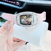 Đồng Hồ Nữ Hanboro Mặt Cười Vỏ Ovan Đá Ceramic Trắng Viền Đá Dây Cao Su Hồng Size 36mm