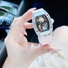 Đồng Hồ Nữ Hanboro Mặt Cười Vỏ Ovan Đá Ceramic Trắng Viền Đá Dây Cao Su Hồng Size 36mm