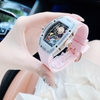 Đồng Hồ Nữ Hanboro Mặt Cười Vỏ Ovan Đá Ceramic Trắng Viền Đá Dây Cao Su Hồng Size 36mm