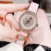 Đồng Hồ Nữ Hanboro Mặt Hoa Xoay Chính Hãng Dây Da Hồng Vỏ Rose Đính Đá Size 38mm Viền Đá Tặng Kèm Vòng Tay