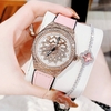 Đồng Hồ Nữ Hanboro Mặt Hoa Xoay Chính Hãng Dây Da Hồng Vỏ Rose Đính Đá Size 38mm Viền Đá Tặng Kèm Vòng Tay