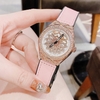 Đồng Hồ Nữ Hanboro Mặt Hoa Xoay Chính Hãng Dây Da Hồng Vỏ Rose Đính Đá Size 38mm Viền Đá Tặng Kèm Vòng Tay