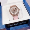 Đồng Hồ Nữ Hanboro Mặt Hoa Xoay Chính Hãng Dây Da Hồng Vỏ Rose Đính Đá Size 38mm Viền Đá Tặng Kèm Vòng Tay