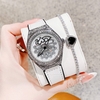 Đồng Hồ Nữ Hanboro Mặt Hoa Xoay Chính Hãng Dây Da Trắng Vỏ Bạc Đính Đá Size 38mm Viền Đá Tặng Kèm Vòng Tay