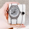 Đồng Hồ Nữ Hanboro Mặt Hoa Xoay Chính Hãng Dây Da Trắng Vỏ Bạc Đính Đá Size 38mm Viền Đá Tặng Kèm Vòng Tay