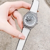 Đồng Hồ Nữ Hanboro Mặt Hoa Xoay Chính Hãng Dây Da Trắng Vỏ Bạc Đính Đá Size 38mm Viền Đá Tặng Kèm Vòng Tay