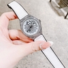Đồng Hồ Nữ Hanboro Mặt Hoa Xoay Chính Hãng Dây Da Trắng Vỏ Bạc Đính Đá Size 38mm Viền Đá Tặng Kèm Vòng Tay