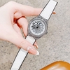 Đồng Hồ Nữ Hanboro Mặt Hoa Xoay Chính Hãng Dây Da Trắng Vỏ Bạc Đính Đá Size 38mm Viền Đá Tặng Kèm Vòng Tay