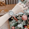 Đồng Hồ Nữ Hanboro Máy Tự Động Mặt Trắng Đính Đá Dây Cao Su Hồng Vỏ Silver Size 36mm