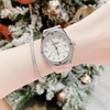 Đồng Hồ Nữ Hanboro Máy Tự Động Mặt Trắng Đính Đá Dây Cao Su Hồng Vỏ Silver Size 36mm