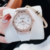 Đồng Hồ Nữ Hanboro Máy Tự Động Mặt Trắng Đính Đá Dây Cao Su Trắng Vỏ Vàng Hồng Size 36mm