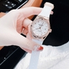 Đồng Hồ Nữ Hanboro Máy Tự Động Mặt Trắng Đính Đá Dây Cao Su Trắng Vỏ Vàng Hồng Size 36mm