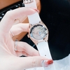 Đồng Hồ Nữ Hanboro Máy Tự Động Mặt Trắng Đính Đá Dây Cao Su Trắng Vỏ Vàng Hồng Size 36mm
