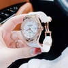 Đồng Hồ Nữ Hanboro Máy Tự Động Mặt Trắng Đính Đá Dây Cao Su Trắng Vỏ Vàng Hồng Size 36mm