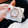 Đồng Hồ Nữ Hanboro Máy Tự Động Mặt Trắng Đính Đá Dây Cao Su Trắng Vỏ Vàng Hồng Size 36mm