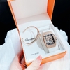 Đồng Hồ Nữ Hanboro Mặt Ovan Xoáy Kim Loại Vàng Hồng Đính Full Đá Dây Cao Su Trắng Size 36mm