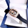 Đồng Hồ Nữ Hanboro Mặt Cười Vỏ Ovan Kim Loại Vàng Hồng Đính Đá Dây Cao Su Đen Size 36mm