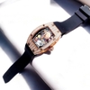 Đồng Hồ Nữ Hanboro Mặt Cười Vỏ Ovan Kim Loại Vàng Hồng Đính Đá Dây Cao Su Đen Size 36mm
