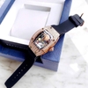 Đồng Hồ Nữ Hanboro Mặt Cười Vỏ Ovan Kim Loại Vàng Hồng Đính Đá Dây Cao Su Đen Size 36mm