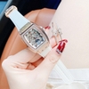 Đồng Hồ Nữ Hanboro Mặt Ovan Đính Đá Dây Cao Su Trắng Vỏ Kim Loại Vàng Hồng Size 36mm