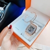 Đồng Hồ Nữ Hanboro Mặt Ovan Đính Đá Dây Cao Su Trắng Vỏ Kim Loại Vàng Hồng Size 36mm