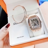 Đồng Hồ Nữ Hanboro Mặt Ovan Đính Đá Dây Cao Su Trắng Vỏ Kim Loại Vàng Hồng Size 36mm