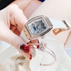 Đồng Hồ Nữ Hanboro Mặt Ovan Đính Đá Dây Cao Su Trắng Vỏ Kim Loại Vàng Hồng Size 36mm