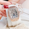 Đồng Hồ Nữ Hanboro Mặt Ovan Đính Đá Dây Cao Su Trắng Vỏ Kim Loại Vàng Hồng Size 36mm