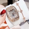 Đồng Hồ Nữ Hanboro Moonphase Chính Hãng Dây Cao Su Trắng Đính Đá Rose Size 36mm Quartz