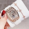 Đồng Hồ Nữ Hanboro Moonphase Chính Hãng Dây Cao Su Trắng Đính Đá Rose Size 36mm Quartz