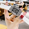Đồng Hồ Nữ Hanboro Nhện Đính Đá Dây Cao Su Trắng Vỏ Silver Size 31x44mm Quartz Tặng Kèm Lắc Tay
