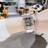 Đồng Hồ Nữ Hanboro Nhện Đính Đá Dây Cao Su Trắng Vỏ Silver Size 31x44mm Quartz Tặng Kèm Lắc Tay