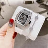 Đồng Hồ Nữ Hanboro Nhện Đính Đá Dây Cao Su Trắng Vỏ Silver Size 31x44mm Quartz Tặng Kèm Lắc Tay