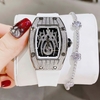 Đồng Hồ Nữ Hanboro Nhện Đính Đá Dây Cao Su Trắng Vỏ Silver Size 31x44mm Quartz Tặng Kèm Lắc Tay