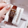 Set Đồng Hồ Nữ Roberto Era Dây Da Nâu Mặt Chữ Nhật Size 28mm Viền Mặt Đính Đá Vỏ Rose Gold RE350