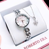 Set đồng hồ nữ chính hãng Roberto Era RE2801 màu bạc mặt xà cừ trắng, size mặt 28mm nhỏ xinh