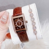 Set Đồng Hồ Nữ Roberto Era Dây Da Nâu Mặt Chữ Nhật Size 28mm Viền Mặt Đính Đá Vỏ Rose Gold RE350