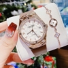 Set Đồng Hồ Nữ Hanboro Automatic Dây Cao Su Nâu Vỏ Vàng Hồng Size 36mm Viền Đá Tặng Kèm Vòng Tay