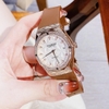 Set Đồng Hồ Nữ Hanboro Automatic Dây Cao Su Nâu Vỏ Vàng Hồng Size 36mm Viền Đá Tặng Kèm Vòng Tay
