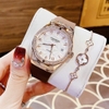 Set Đồng Hồ Nữ Hanboro Automatic Dây Cao Su Nâu Vỏ Vàng Hồng Size 36mm Viền Đá Tặng Kèm Vòng Tay