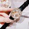 Set Đồng Hồ Nữ Hanboro Chính Hãng Dây Da Đen Họa Tiết Nổi Bật Vỏ Rose Size 39mm Quartz