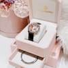 Set Đồng Hồ Nữ Hanboro Chính Hãng Dây Da Đen Họa Tiết Nổi Bật Vỏ Rose Size 39mm Quartz